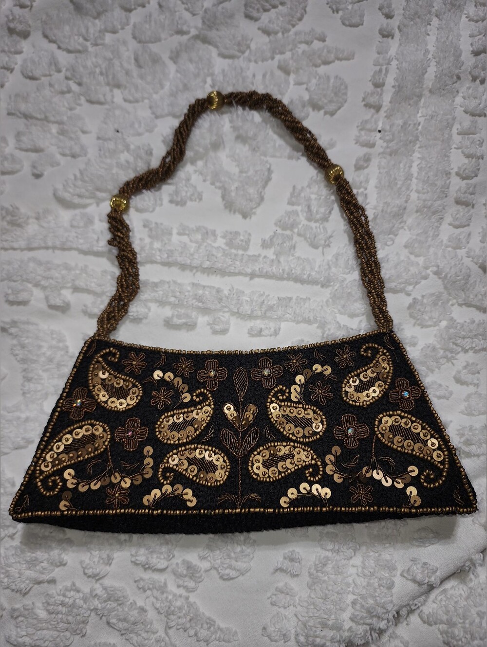 Bougainvillea Brown Bag With Bronze Stitching, Beaded Handle & Embellishments - Picture 5 of 10